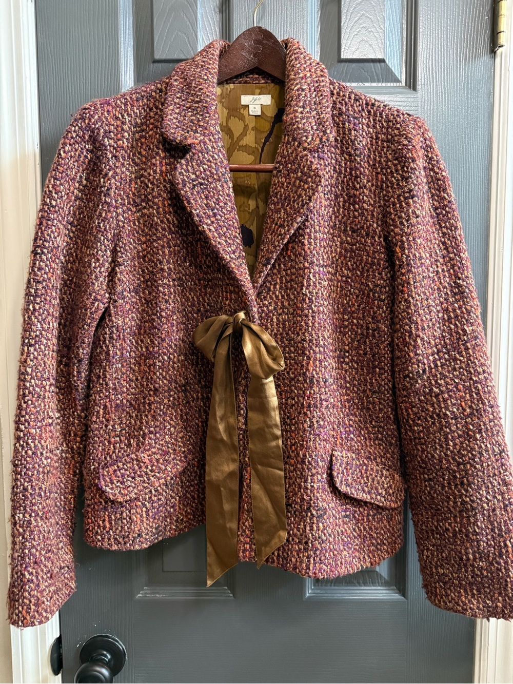 J. Jill Bouclé Tweed Blazer Jacket Size 8 Autumn Plum Brown Ribbon Tie Lined